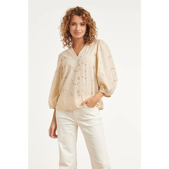 Smashed Lemon Crème blouse met broderie details en lange mouwen | - Image 1