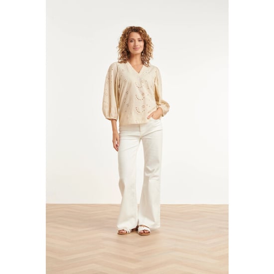 Smashed Lemon Crème blouse met broderie details en lange mouwen | - Image 2