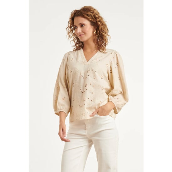 Smashed Lemon Crème blouse met broderie details en lange mouwen | - Image 3