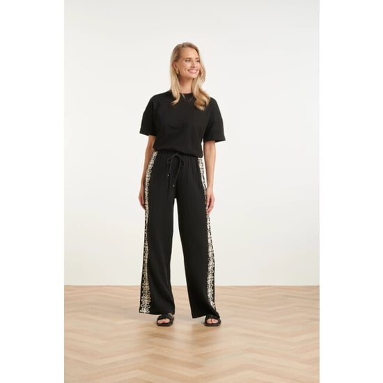 Smashed Lemon Comfortabele wide leg broek met contrasterende borduring | - Image 2