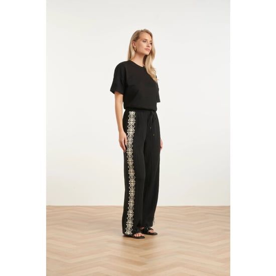 Smashed Lemon Comfortabele wide leg broek met contrasterende borduring | - Image 4