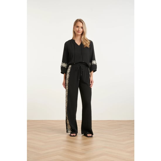 Smashed Lemon Comfortabele wide leg broek met contrasterende borduring | - Image 6