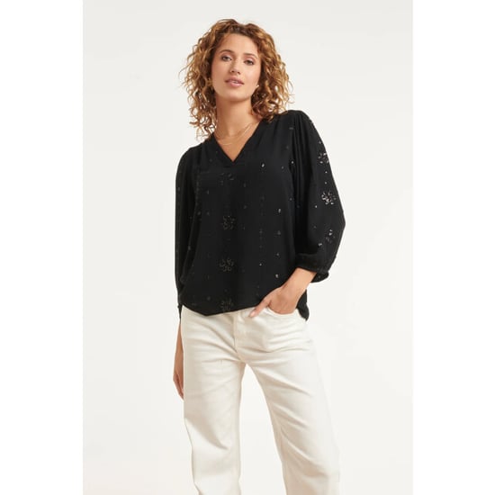 Smashed Lemon Zwarte blouse met subtiel goudkleurig borduursel en v-hals | - Image 6