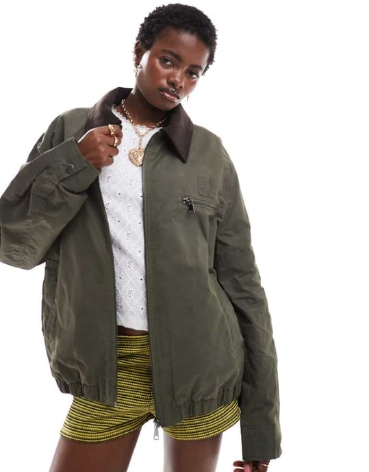 COLLUSION waxed jacket with cord collar in khaki - Image 1