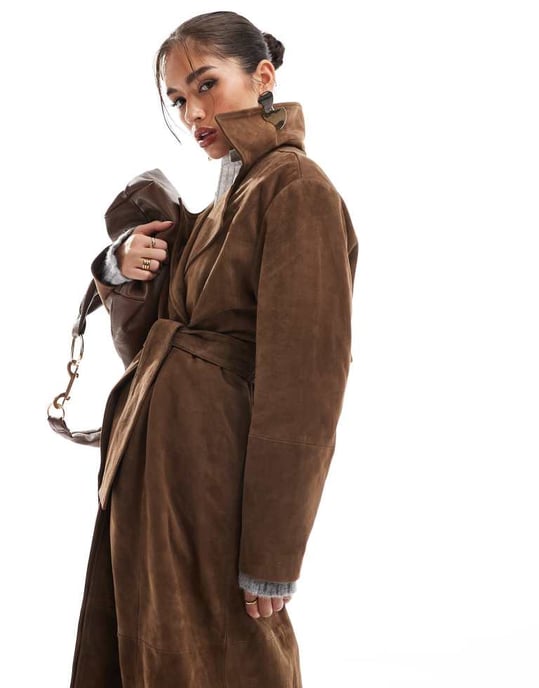 ASOS DESIGN premium suede trench coat in tan - Image 4