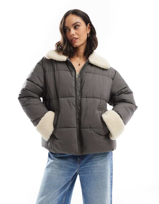 ASOS DESIGN borg collar and cuff puffer jacket in charcoal - Image 1