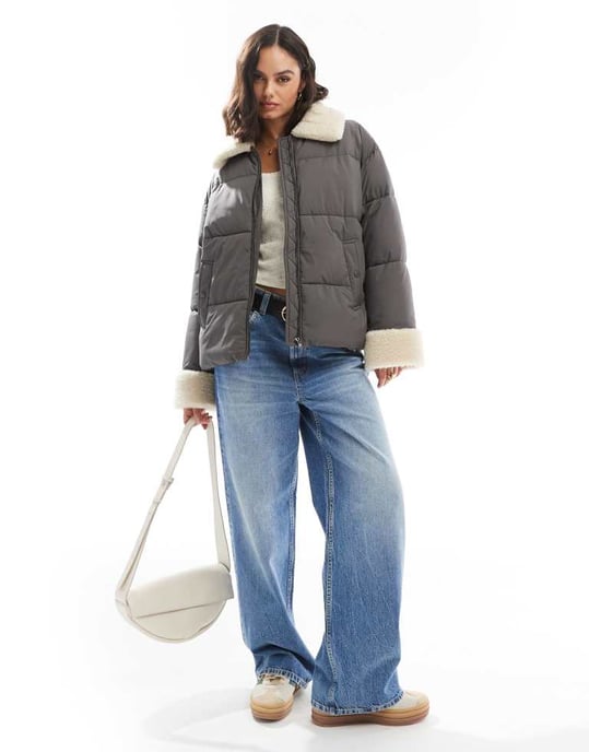 ASOS DESIGN borg collar and cuff puffer jacket in charcoal - Image 3
