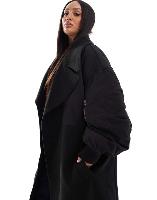 ASOS DESIGN Curve spliced formal bomber coat in black - Image 2