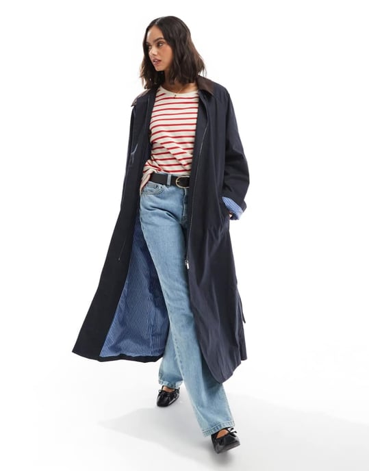 ASOS DESIGN cord collar trench coat in navy - Image 2