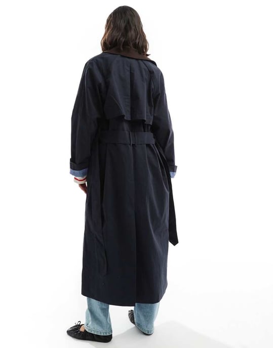 ASOS DESIGN cord collar trench coat in navy - Image 4