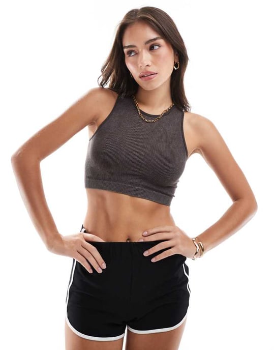 ONLY seamless ribbed crop top in washed black - Image 1