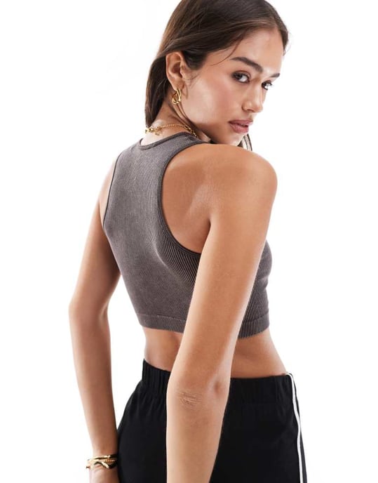 ONLY seamless ribbed crop top in washed black - Image 4