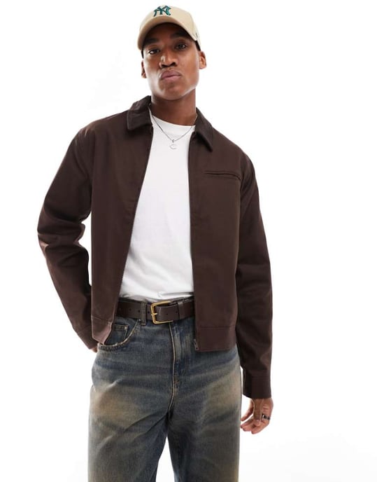 ASOS DESIGN harrington jacket with cord collar in brown - BROWN - Image 1