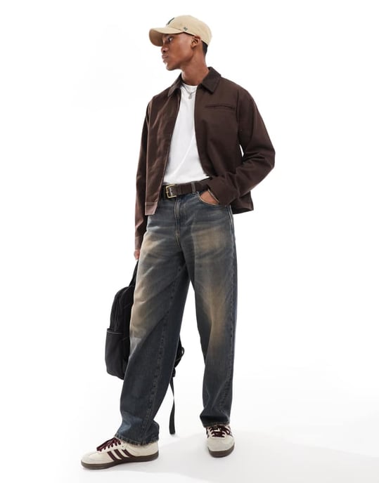 ASOS DESIGN harrington jacket with cord collar in brown - BROWN - Image 2