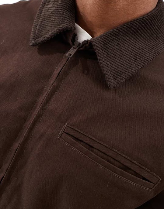 ASOS DESIGN harrington jacket with cord collar in brown - BROWN - Image 3