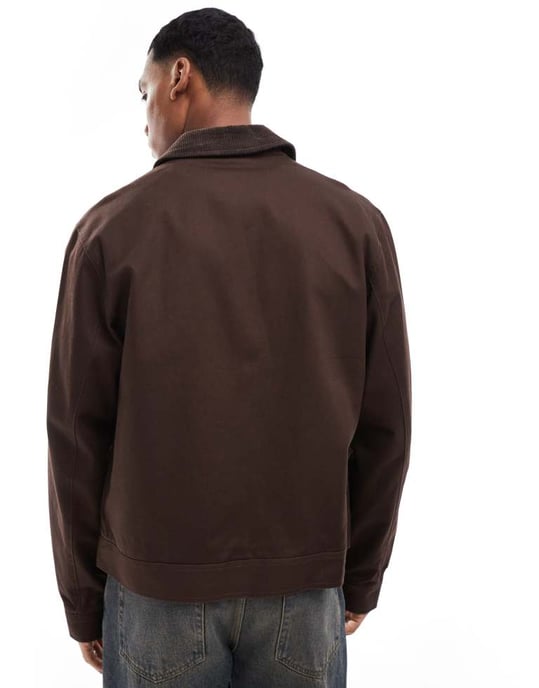 ASOS DESIGN harrington jacket with cord collar in brown - BROWN - Image 4
