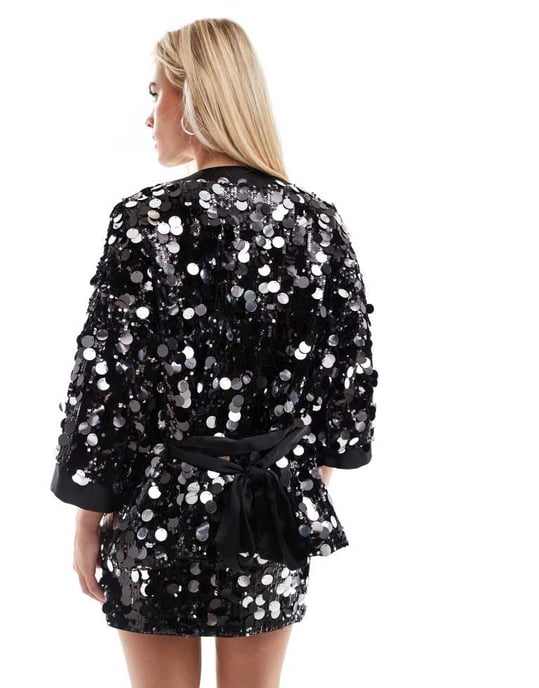 ASOS DESIGN Petite disco sequin kimono in black - Image 4