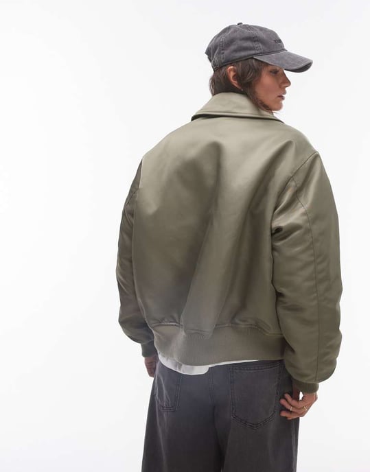 Topshop twill nylon bomber jacket in khaki - Image 2