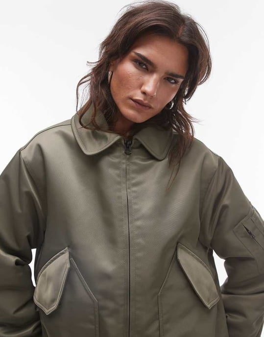 Topshop twill nylon bomber jacket in khaki - Image 4
