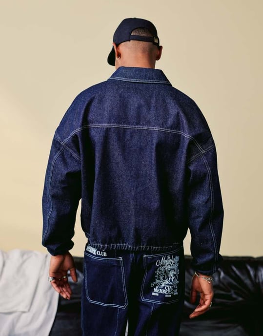ASOS DESIGN harrington jacket co-ord with embroidery detail in indigo - Image 4