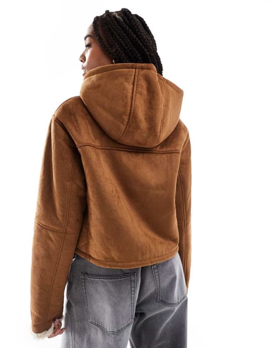 ASOS DESIGN Tall hooded shearling jacket in tan - Image 2