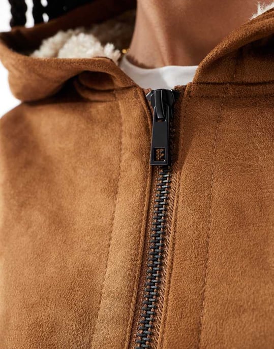 ASOS DESIGN Tall hooded shearling jacket in tan - Image 3