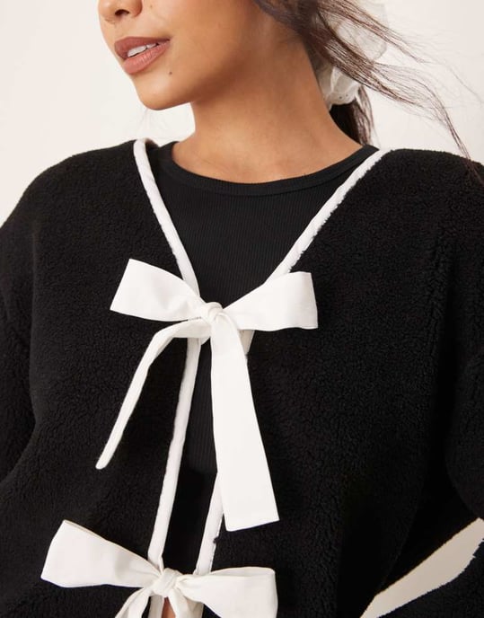 ASOS DESIGN borg jacket with bow tie details in black - Image 2