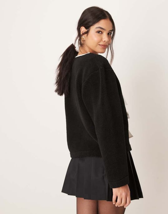 ASOS DESIGN borg jacket with bow tie details in black - Image 3