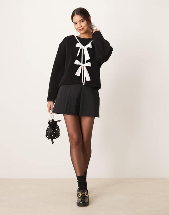 ASOS DESIGN borg jacket with bow tie details in black - Image 4