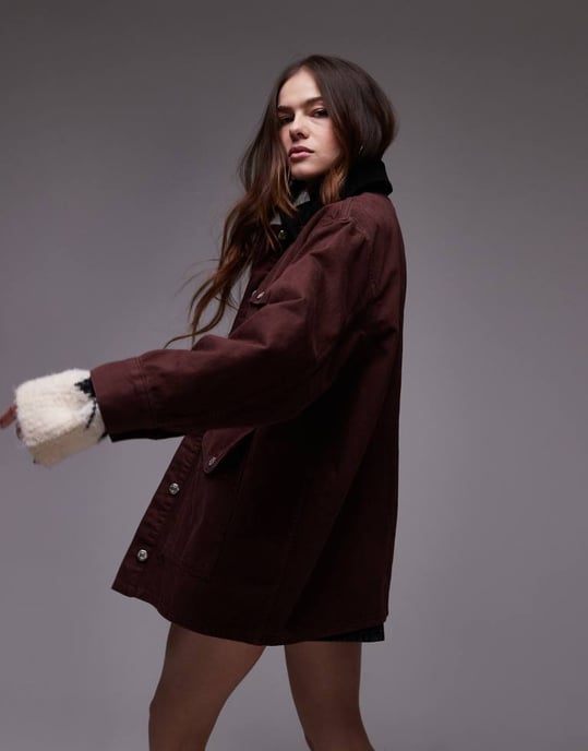 Topshop denim trucker jacket with contrast cord collar in burgundy - Image 2