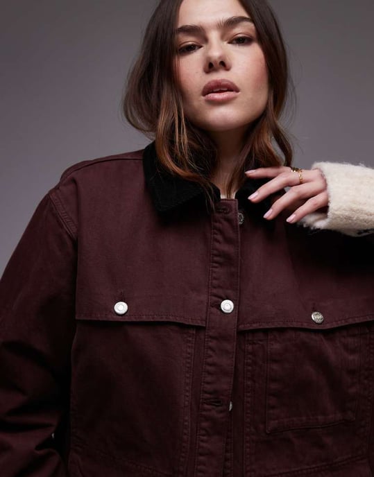 Topshop denim trucker jacket with contrast cord collar in burgundy - Image 3