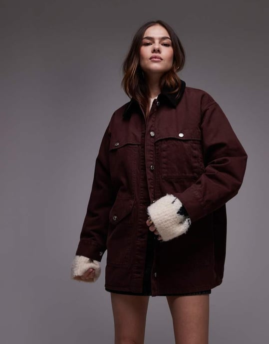 Topshop denim trucker jacket with contrast cord collar in burgundy - Image 4