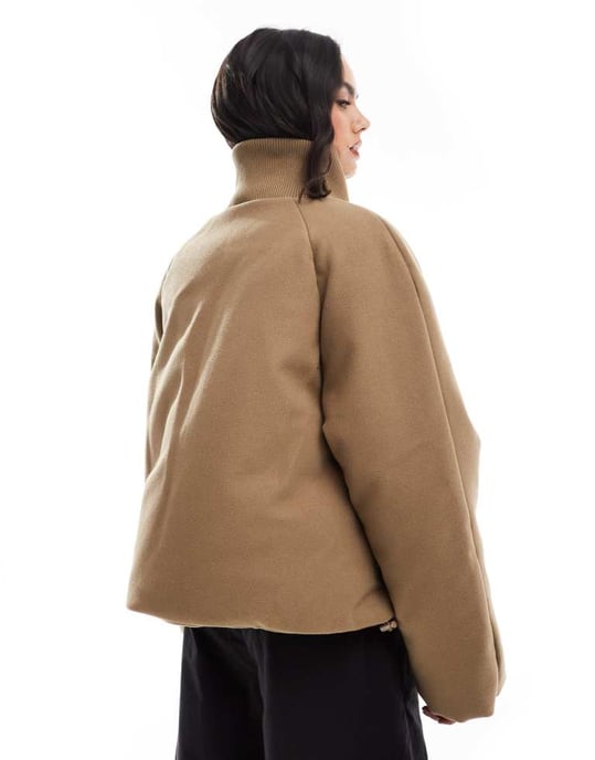 ASOS DESIGN knit collar clean puffer jacket in mushroom - Image 2