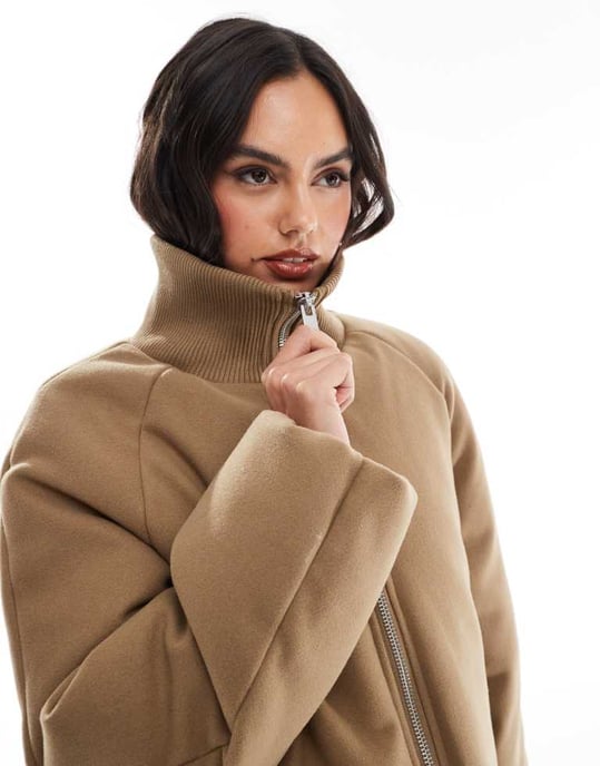 ASOS DESIGN knit collar clean puffer jacket in mushroom - Image 3
