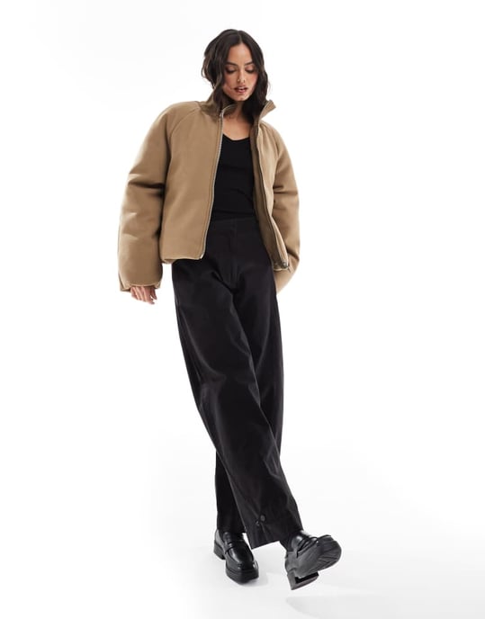 ASOS DESIGN knit collar clean puffer jacket in mushroom - Image 4