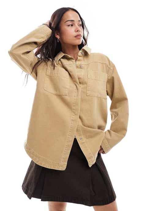 ASOS DESIGN denim shacket in tan - Image 3
