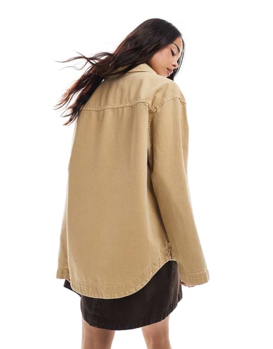 ASOS DESIGN denim shacket in tan - Image 4