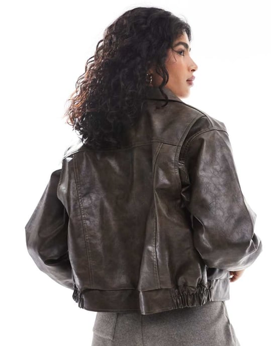 Cotton On faux leather oversized bomber jacket in washed brown - Image 3