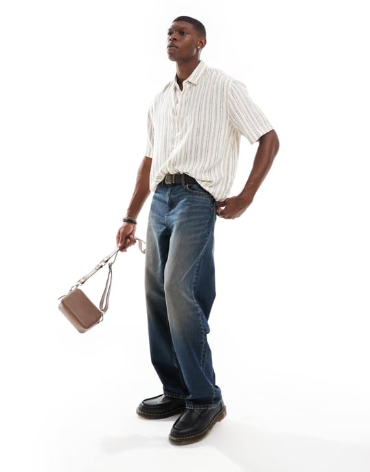 Abercrombie & Fitch striped linen short sleeve shirt in cream - Image 4