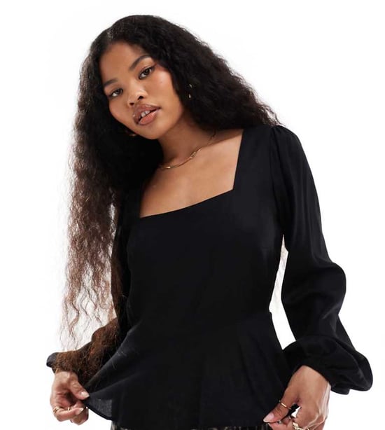 ASOS DESIGN Petite volume puff sleeve smock top in black - Image 1
