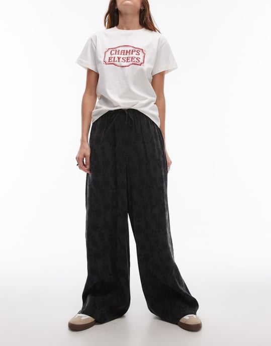 Topshop jacquard floral drawcord trouser in black - Image 1