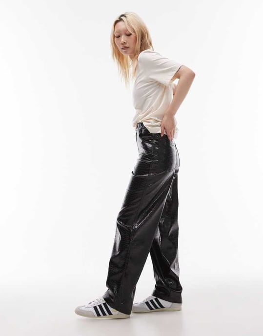 Topshop Petite straight leg faux leather trouser in black - Image 2