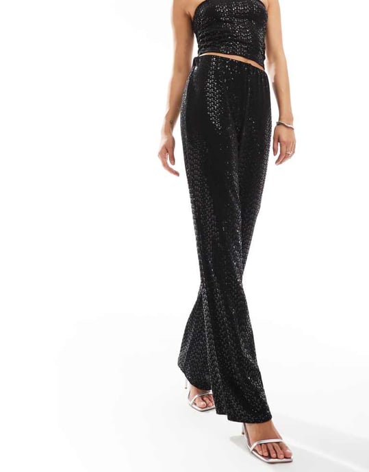 Pieces high waisted straight leg sequin trouser mix & match set in black - Image 3