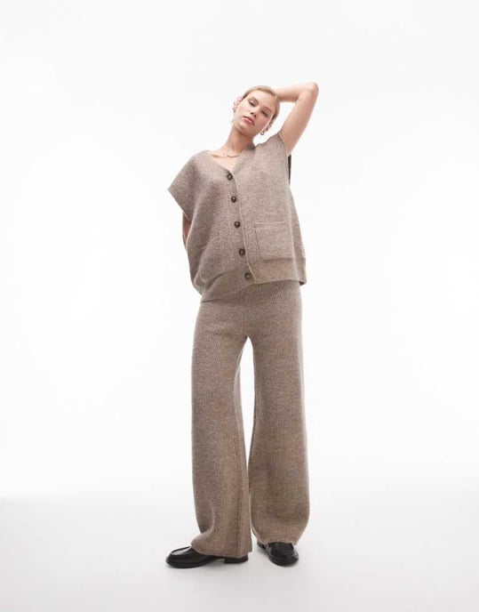 Topshop knitted square knit trouser co-ord in oat - Image 1