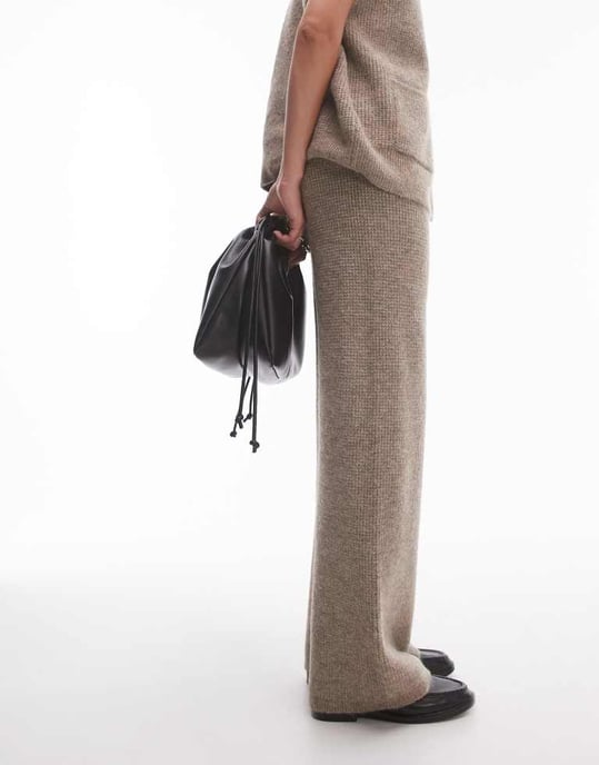 Topshop knitted square knit trouser co-ord in oat - Image 2