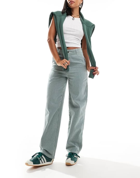 Dickies hickory striped trousers in dark green - Image 4