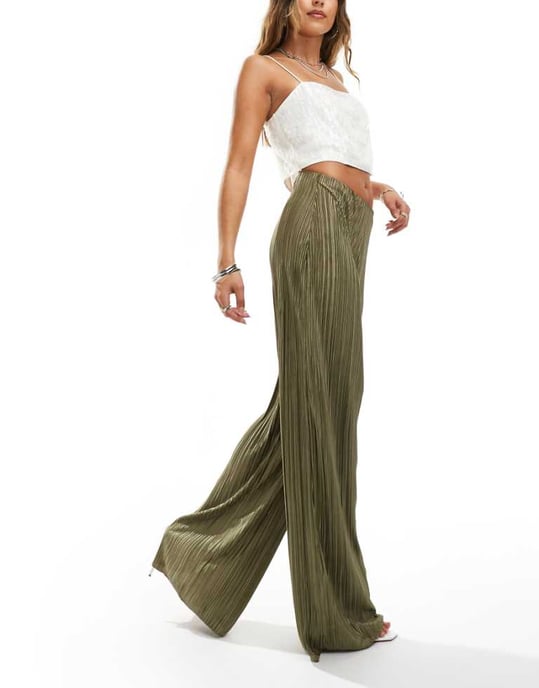 ASOS DESIGN high waisted plisse straight leg trousers in soft khaki - Image 1