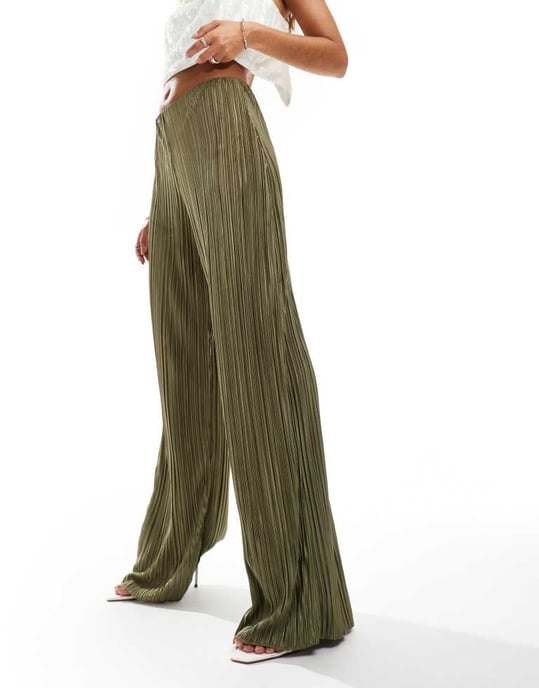 ASOS DESIGN high waisted plisse straight leg trousers in soft khaki - Image 2