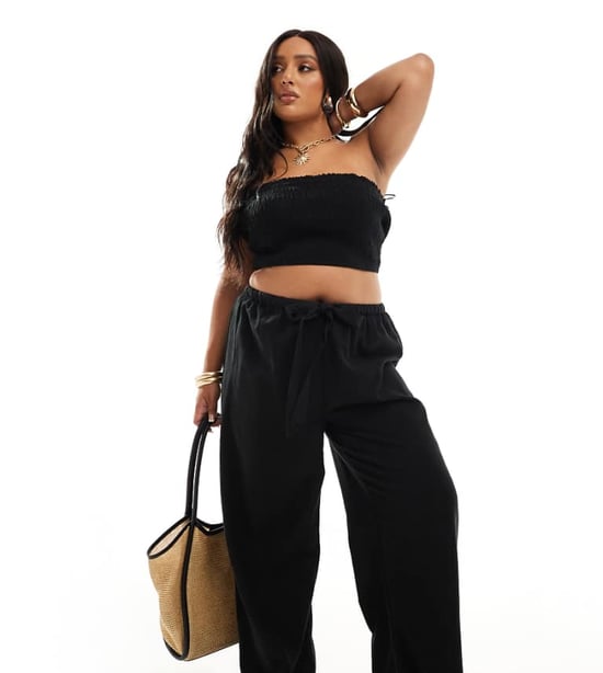 ASOS DESIGN Curve Isabel mix and match linen look tie waist beach trouser in black - Image 1