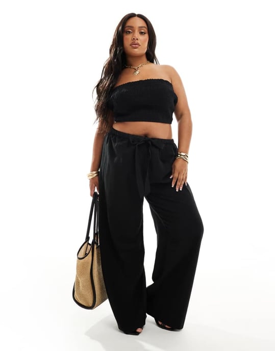 ASOS DESIGN Curve Isabel mix and match linen look tie waist beach trouser in black - Image 4